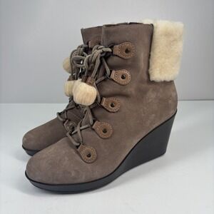 Cole‎ Haan Air Talish Women's US 8.5B Taupe Suede Shearling Lace-Up Wedge Boots